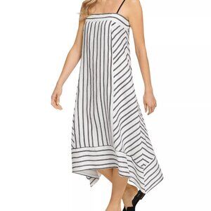 DKNY black & white striped sleeveless linen Asymmetrical hem midi dress sz S